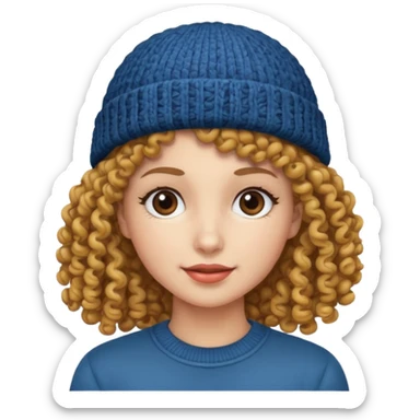 woman with curly hair and a beanie sticker