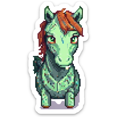 Make the green horse look sad in pixel art style with no background. sticker