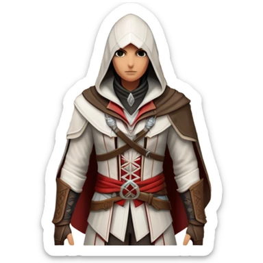 icon featuring Assasin's Creed in an iconic assassin's hood, standing tall against the backdrop of Florence. The design captures the essence of adventure, with intricate details of historical architecture and a sense of mystery. The character is poised, ready for action. transparent background. sticker