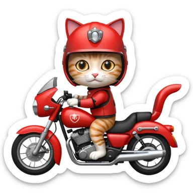 Cat on red and black motorcycle with helmet sticker