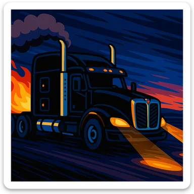 Add a lively cartoon fireball behind the black Kenworth T680 Flat Top semi sleeper driving at night, keeping the animated cartoon style and smoke from the stacks. sticker