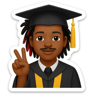 Create a male African American graduate emoji based on the reference photo with his hairstyle and features, wearing a graduation cap and gown, making a peace sign. Remove the background. sticker