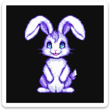 furry anthro male bunny with purple hair, blue eyes, purple and white fur, pixel art style, smiling sticker