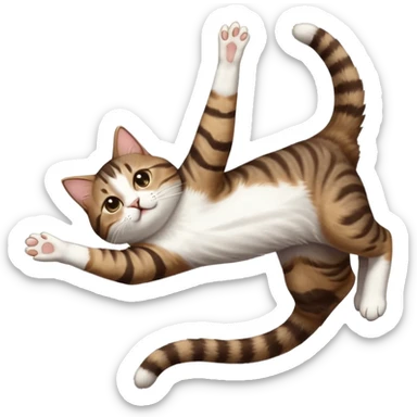 dark brown tabby and white cat with doing a big extremely long stretch reaching up into the air with arms and legs side by side together straight and overextended whilst lying on its side sticker