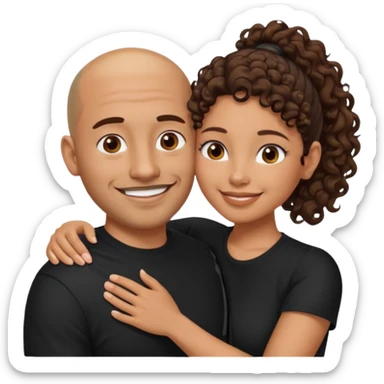 A picture of a tanned couple embracing. the man is a Mexican man with tanned skin, a bald hair cut, short beard and wearing a black shirt. the woman is mixed, with curly brown hair in a pony tail and with big boobs  sticker
