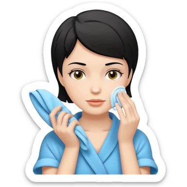 a white woman who has black short hair cleaning her face sticker