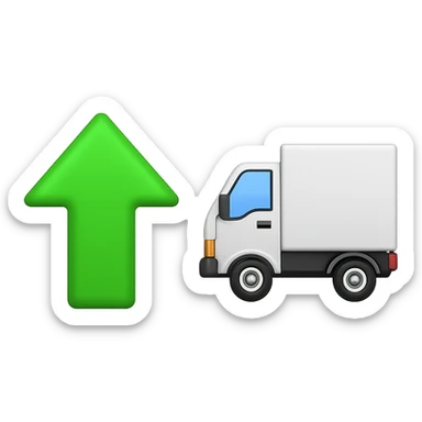 Create an Apple-style emoji set featuring a single green upward arrow on the left and a delivery truck on the right. Both elements should be clearly separated. The background must be fully transparent with no color or pattern, mimicking real Apple emojis. sticker