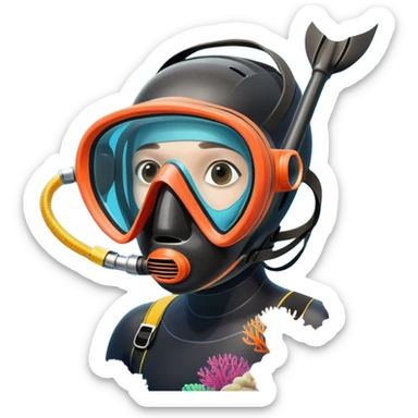 An icon featuring a close-up of a freediving mask and snorkel, with a breath-holding diver's fins, set against a vibrant underwater world. The design includes coral reefs, fish, and bubbles, symbolizing the serene beauty and thrill of freediving. Transparent background highlights the calm sticker