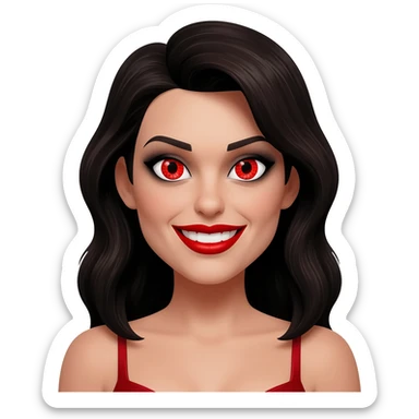 Prostitue with red snake eyes wearing red lipstick and has an evil smile sticker