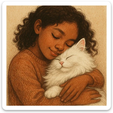 brown girl snuggling fluffy white cat, style 6 sticker