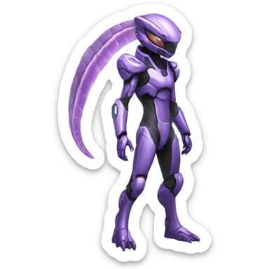 A Reptile-Raptor-Genesect-Mewtwo-Fakémon, with a futuristic visor-helmet, wearing a techwear-suit Full Body sticker