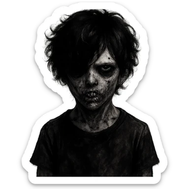 creepy zombie boy, black shaggy curly hair, emo style, dark and spooky expression sticker