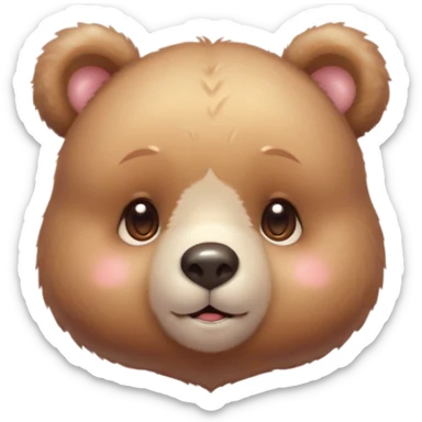 Cinematic cute soft bear, chubby round face, tiny ears, warm fuzzy fur, blushing cheeks, sparkling kind eyes, soft glowing background, heartwarming and huggable. sticker