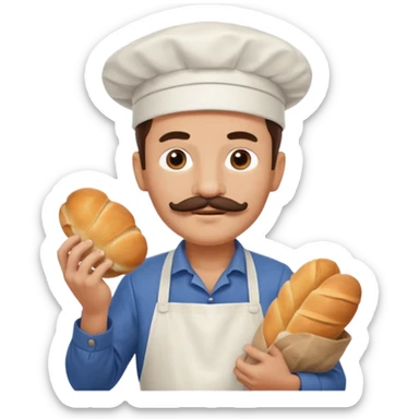 Middle aged male pastry chef - with a mustache, apron, white hat, holding a bag of bread sticker