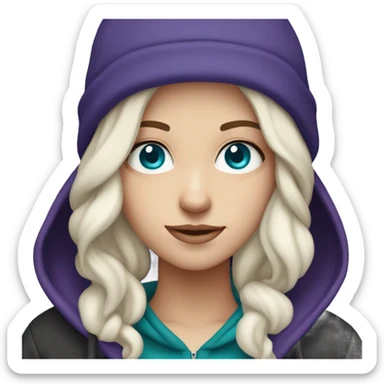 White girl, blue eyes, long teal hair, purple beanie hat, black hoodie sticker