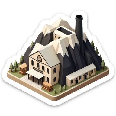 Isometric exterior little black, beige, and white mountain brewery, dollhouse style 3D realistic  sticker