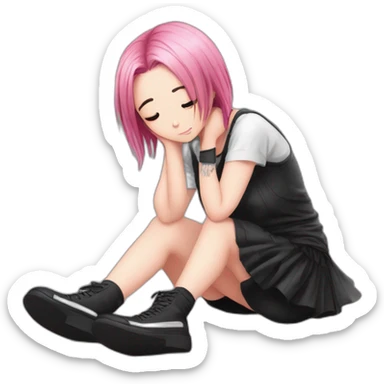 Full body Front view curvy emo girl pink hair sits on the floor straight view hands up black skirt полосатые рваные чулки sticker