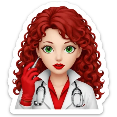 Lilith symbol sexy evil woman. She has green eyes.  had brown long curly hair.  evil surgeon kills with scalpel wears red sexy doctor coat with red mouth cover red gloves. Covers nose, neck  and mouth with red cloth sticker