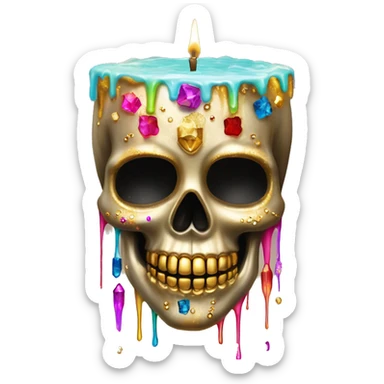 Realistic sugar skull decorated with colorful rhinestones with metallic gold candle on top of its head dripping down melted metallic gold wax down the skull sticker