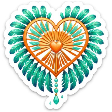 orange glittery heart, shattered in pieces  with mint green water dripping down and art deco feathered fans on the edges  sticker