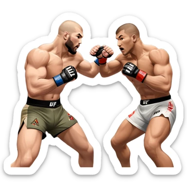 Two MMA fighters in the octagon, one delivering a strong punch while the other defends with a guard. The background shows the UFC octagon with the crowd in the distance. Transparent background emphasizes the dynamic intensity and skill of mixed martial arts. sticker