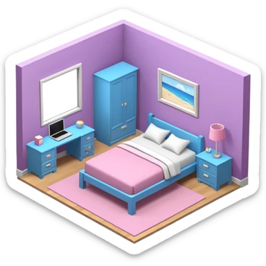 13 year old girls ultra realistic, ultra detailed large 3D view of bedroom, interior isometric sticker