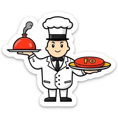 A butler holding a platter with an old-fashion bomb on it with the letters FO on the bomb sticker