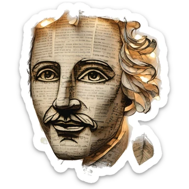Glowing Shakespeare made of newspaper and 420 hemp leaves and bokeh fairy lights lanterns stained glass, bokeh, annotated sketch, handwritten letters, collage of intricate patterns, lantern sticker