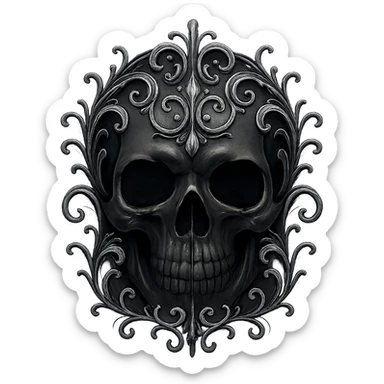 a gothic skull with silver filigree, moody and elegant, dark gothic style sticker