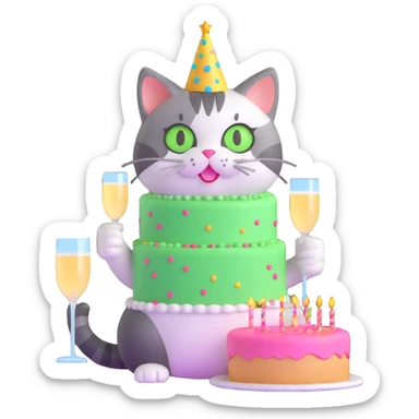 tricolor fluffy cat with big green eyes celebrating her birthday with a cake and champagne sticker