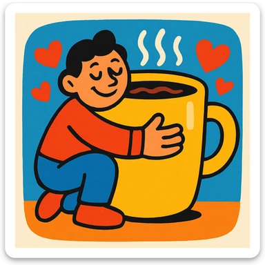a person hugging a giant coffee mug, heart symbols, playful cartoon style sticker