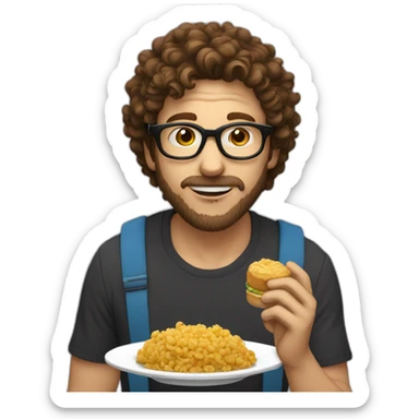 male with brown curly hair with a small brown Beard and round glasses eating cousous sticker