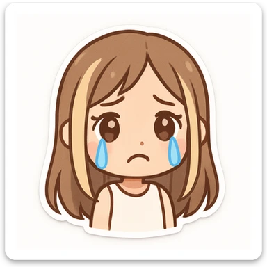 cartoon girl with long straight light brown hair and blonde face-framing highlights, fair skin, big brown eyes with a sad worried look, blue cartoon tears streaming down, frowning mouth, white sleeveless shirt, plain white background sticker