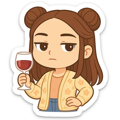 Create a chibi sticker of the same girl, holding a glass of wine, looking important and posh. She has brown straight hair in double buns, brown eyes, wearing a pastel floral cardigan and jeans. The sticker should have a white outline and transparent background, 512x512px. sticker
