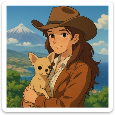 portrait of a cowgirl woman wearing a cream shirt and cognac jacket, freckles, tanned skin, hazel eyes, auburn hair, holding a beige chihuahua in her arms, blurred background of Tenerife, Ghibli style sticker