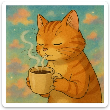 ghibli style ginger cat sipping coffee, dreamy background sticker