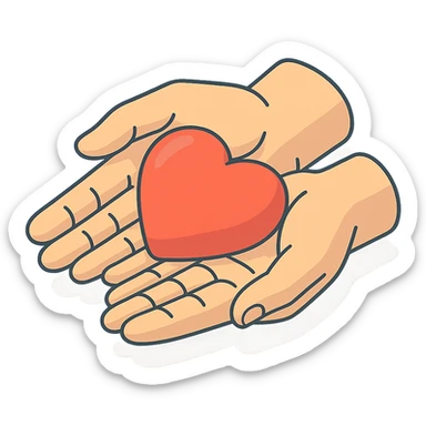 top view of heart in palms, 2D isometric style, very detailed drawing, detailed shadows and highlights, clean contours, soft lighting, transparent background sticker