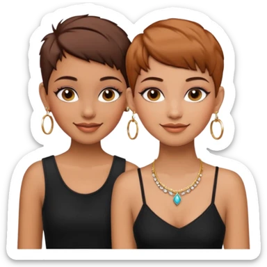 Puerto Rican fair skin straight brown pixie cut hair with hoop earrings make up and my best friend brown  colored pixie cut with jewelry and makeup on her caramel color face besties side-by-side wearing black  sticker