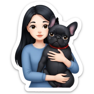 A beautiful girl with long black hair hugs a black French bulldog sticker
