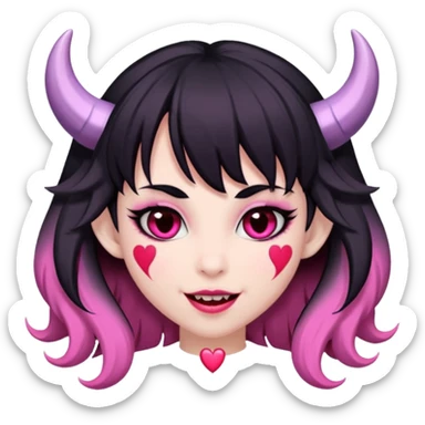 succubus,-pink-irises,-heart-pupils,-black-shaggy-hair,-straight-across-fringe,-grey-skin,-white-horns-curving-towards-forehead,-succubus-horns,-flirty-smile,-full-lips,-black-lips,-cute-fangs sticker