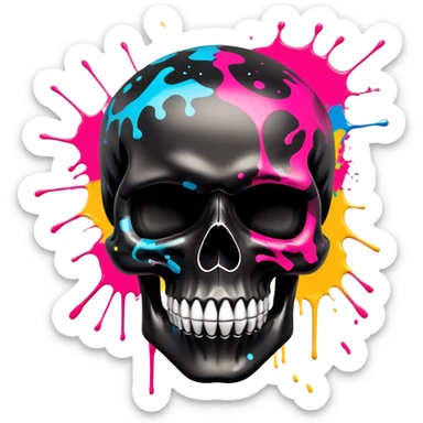 limited edition black skull with luxury haute couture logo patterns, perfectly contained neon paint splatters, museum-quality graffiti art detail, dramatic angle view sticker