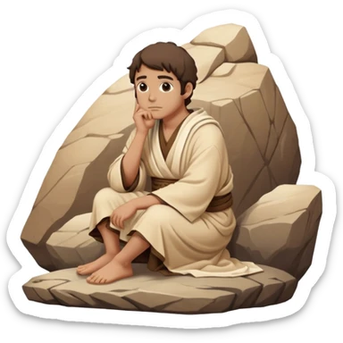 philosopher sitting on a rock in deep contemplation, chin resting on hand, wearing traditional ancient Greek robe, beige and brown tones only sticker