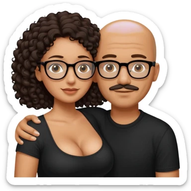 A picture of an embracing tanned couple. the man is a Mexican man with tanned skin, with a bald hair cut, short beard and wearing a black shirt. the woman is short with long curly dark brown hair and with big boobs. Put glasses on the woman only. No glasses on the man sticker