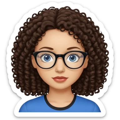 a woman, 30 years old, light skin with dark brown curly hair. eyeglasses. Black top. blue eyes. sticker