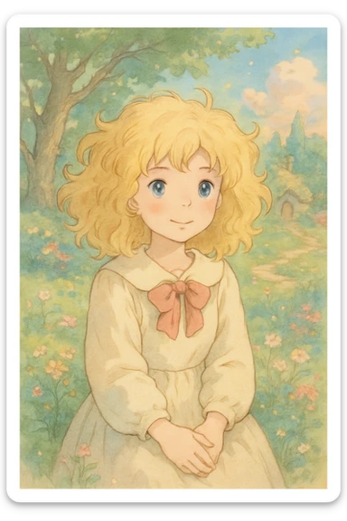a girl with blonde curly hair, ghibli style sticker