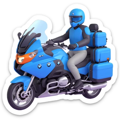 blue BMW R 1200 RT touring motorcycle with rider and saddlebags sticker