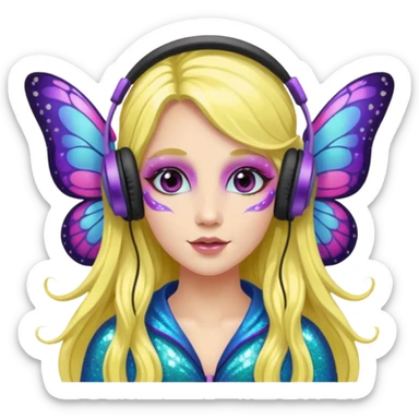 long haired make glitter makeup fairy wearing headpones wing butterfly wings  sticker