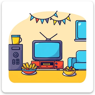 TV party with multiple characters, snacks, and decorations sticker