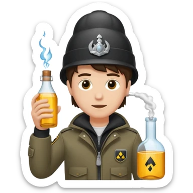 erstell ein bild Von eine jungen der braune augen hat eine sturmhaube trägt und eine Jacky flasche in der Hand hebt plus eine Jacke mit schwarzen fell sticker