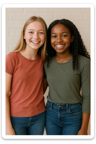 two teenage girls standing next to each other, one with light skin and blonde hair, the other with dark skin and black hair, both smiling, casual clothing, friendly atmosphere sticker